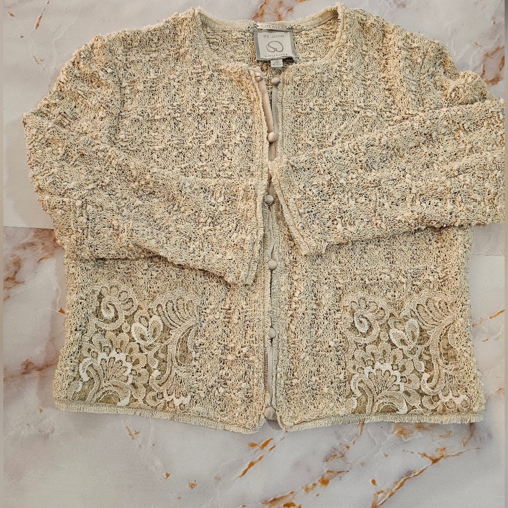 St. John Couture Cream Knit Jacket with Lace Appliqué | Size 10 Highly Desirable